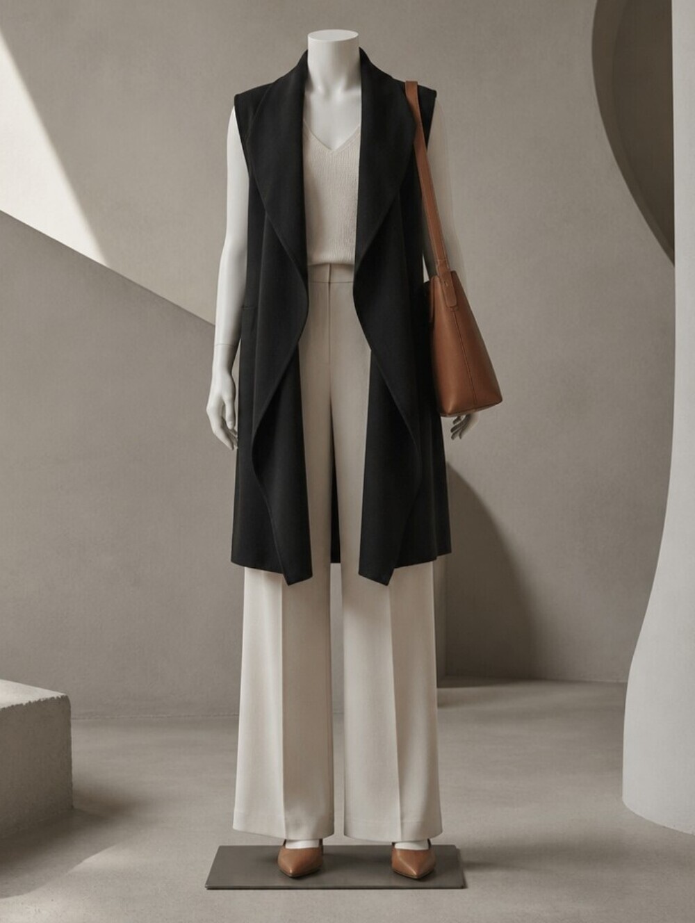 Reserved Black Sleeveless Midi Knit Vest with Tie Waist